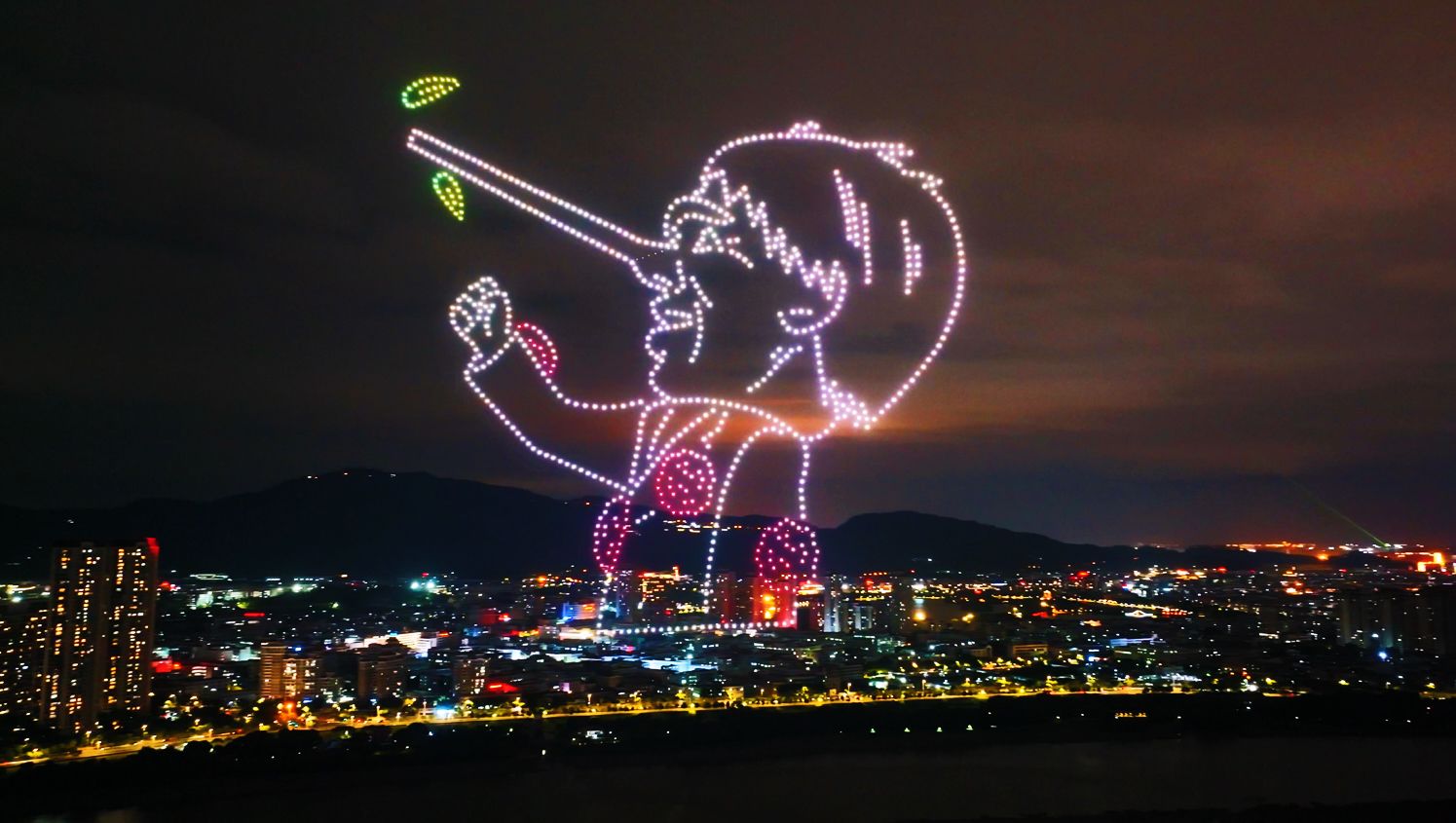 Drone light show for a fan event at night