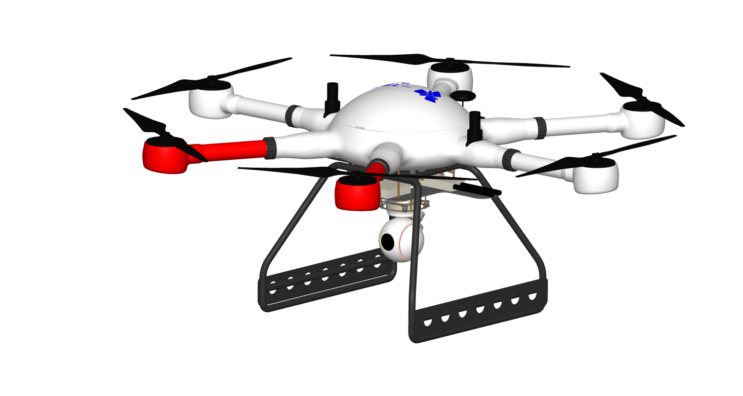 White and red Unilark S6 six-rotor UAV carrying a camera